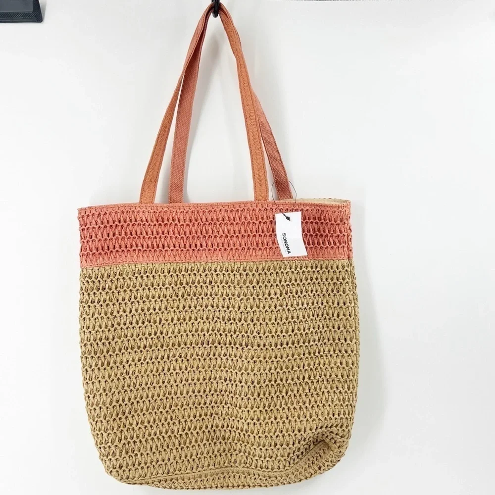 ✅ NWT SONOMA WOVEN BAG TAN/CORAL BEACH BAG‎